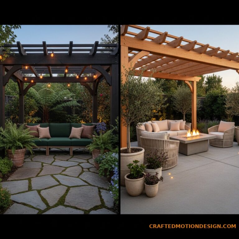 Two enchanted pergola lounge concepts with warm lighting and outdoor seating