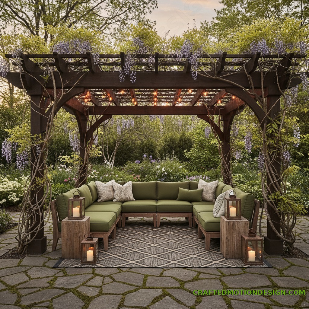 Dark cedar pergola lounge with green outdoor sectional and warm string lights