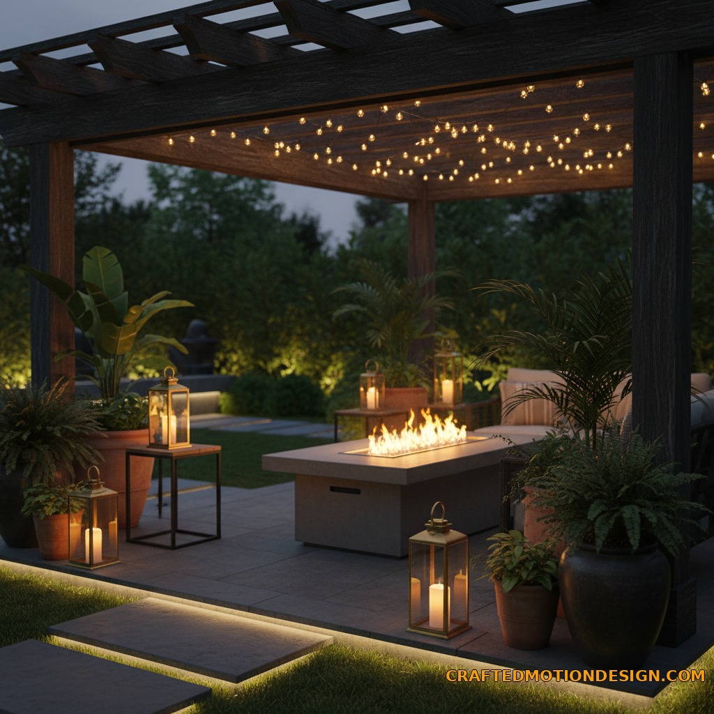 Pergola lounge lighting with string lights lanterns and a glowing fire table