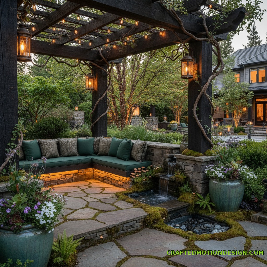Pergola material details with cedar posts stone pavers planters and warm ambient light