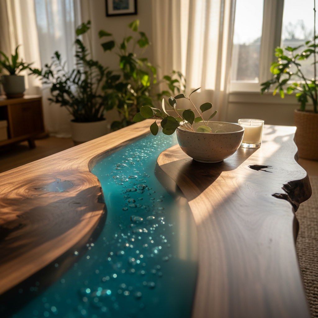 Close-up of epoxy river coffee table surface with turquoise resin between walnut slabs