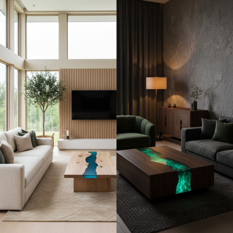 Two luxury living rooms side by side each featuring an epoxy river coffee table centerpiece