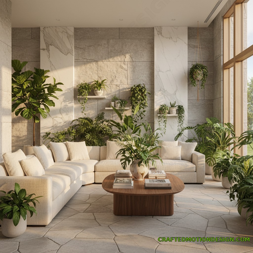 Luxe biophilic living room with natural materials plants and warm light