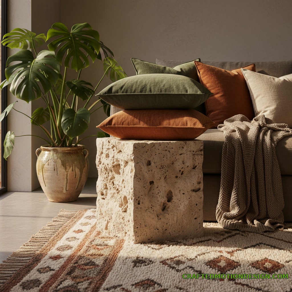 Natural living room detail with stone side table textured rug and indoor plant