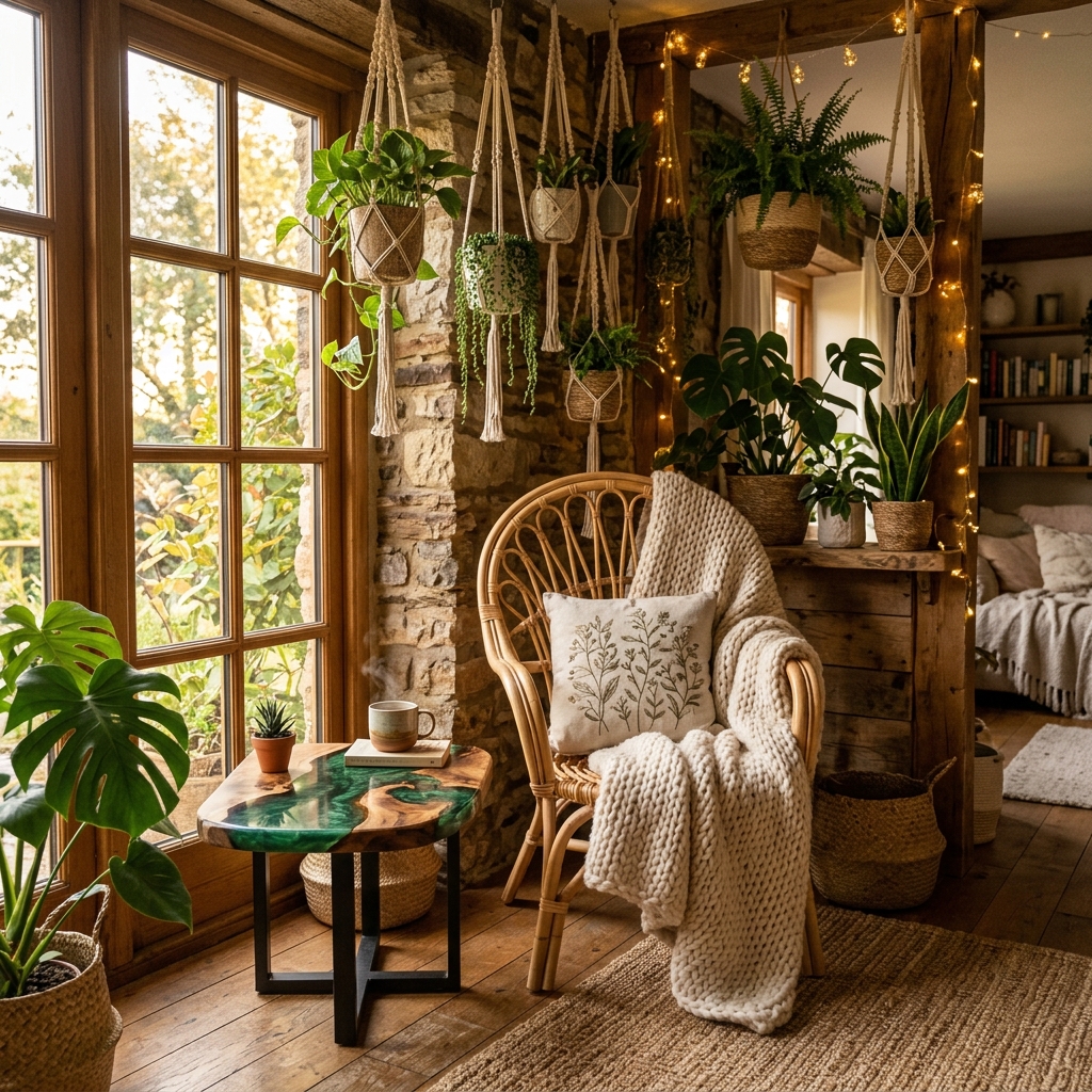 Cozy biophilic living room corner with plants