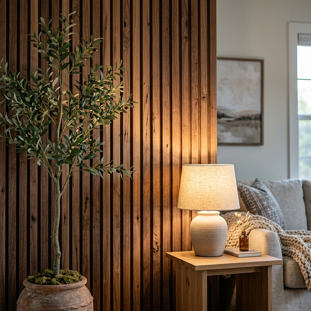 Wood slat accent wall with faux olive tree and warm lamp