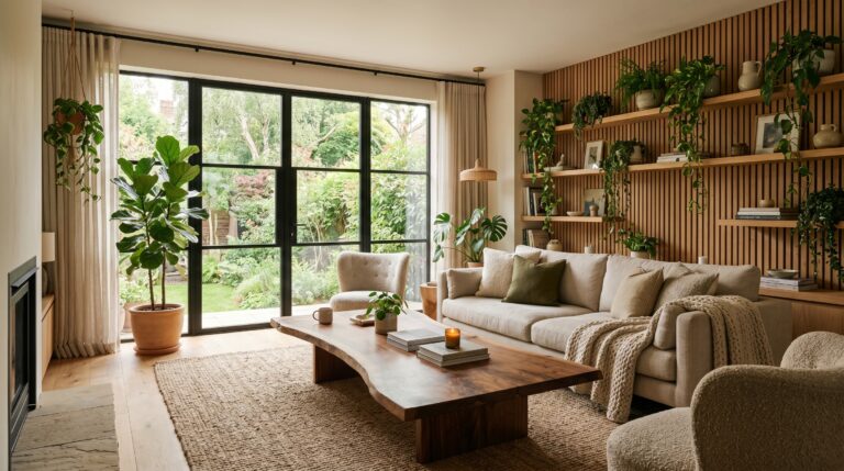 Biophilic living room with natural materials and warm lighting
