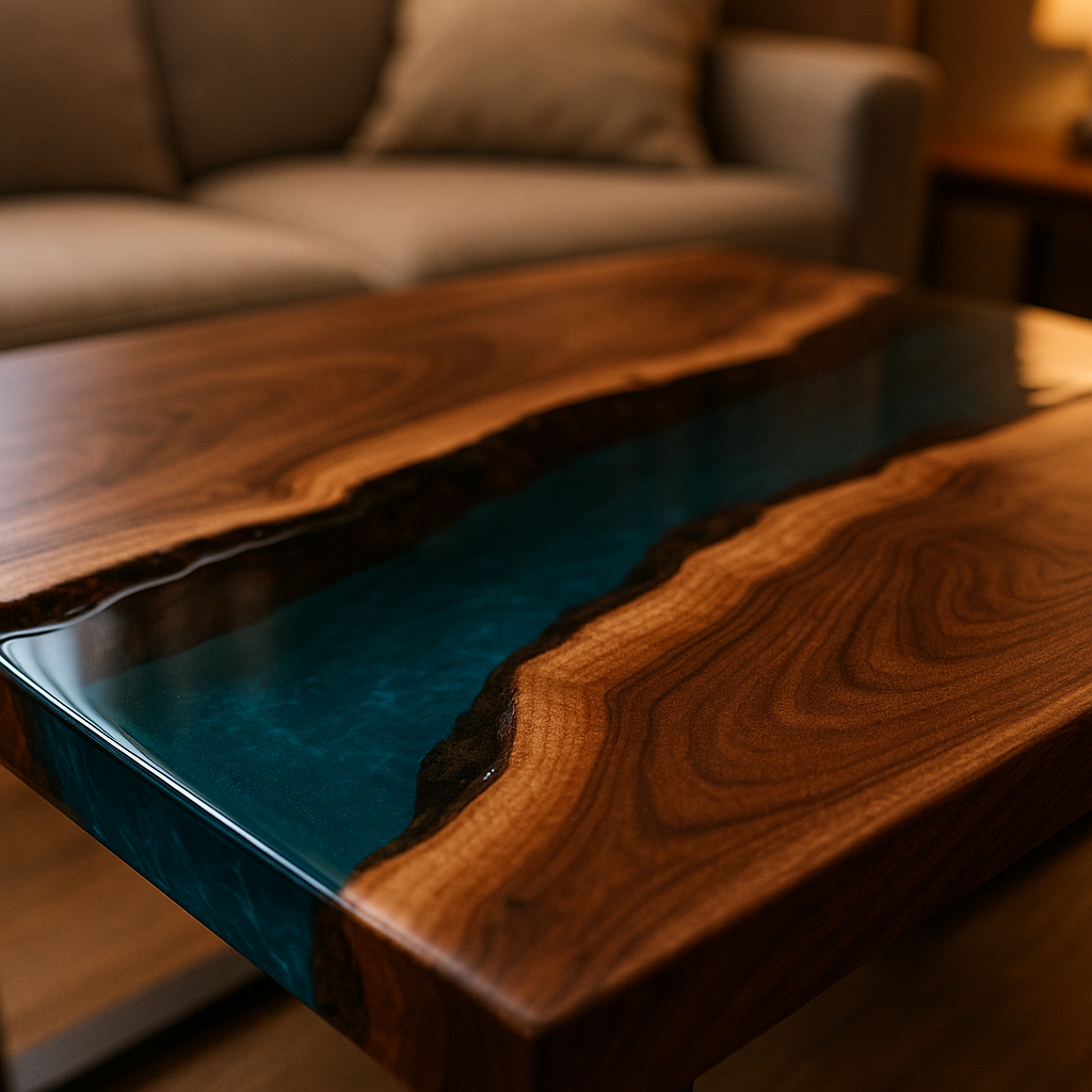 Close up of epoxy river table in living room