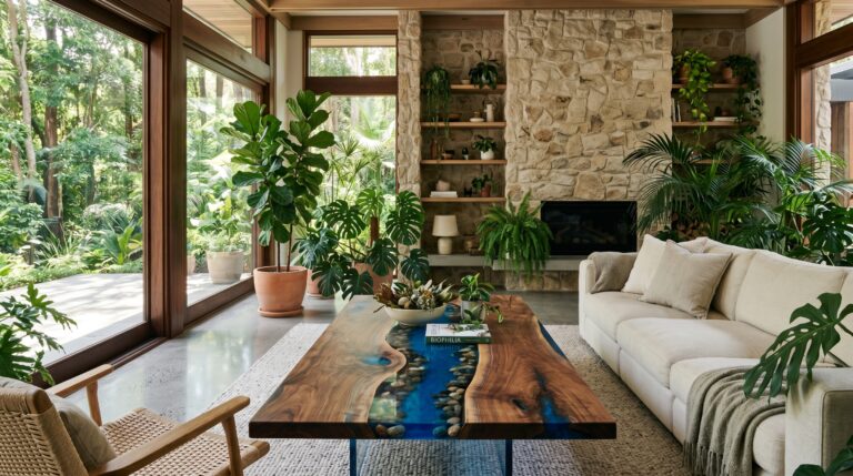 Biophilic living room with epoxy river table centerpiece