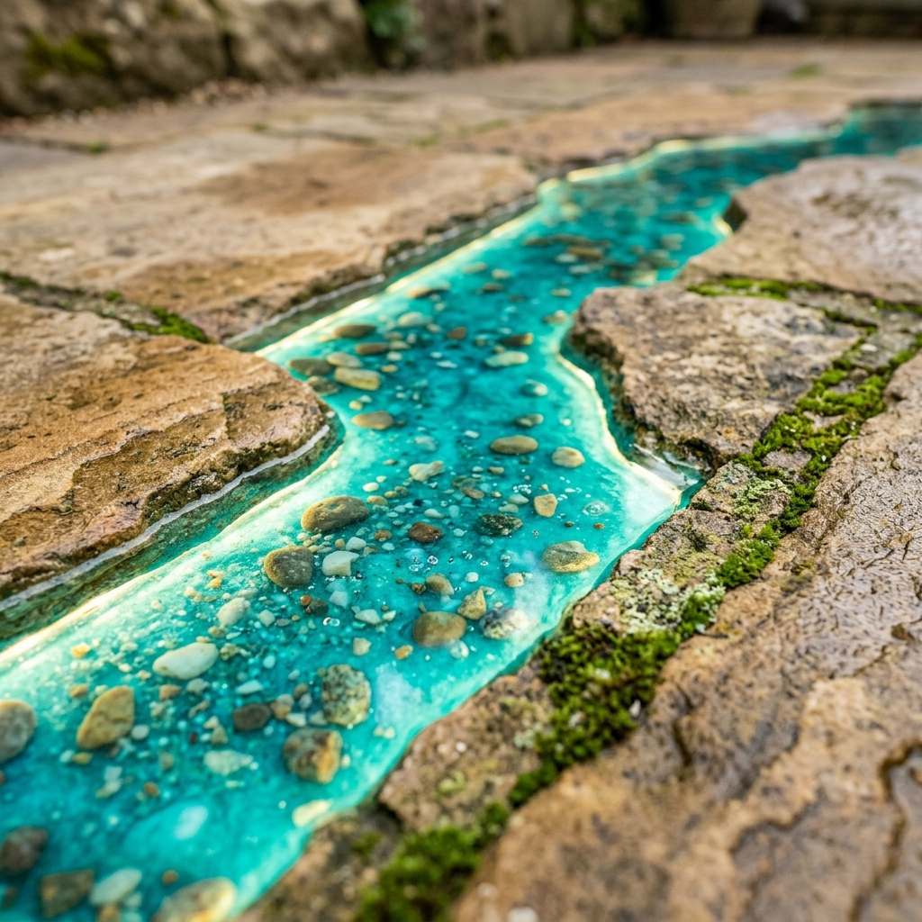 Close-up of epoxy river path detail in stone patio
