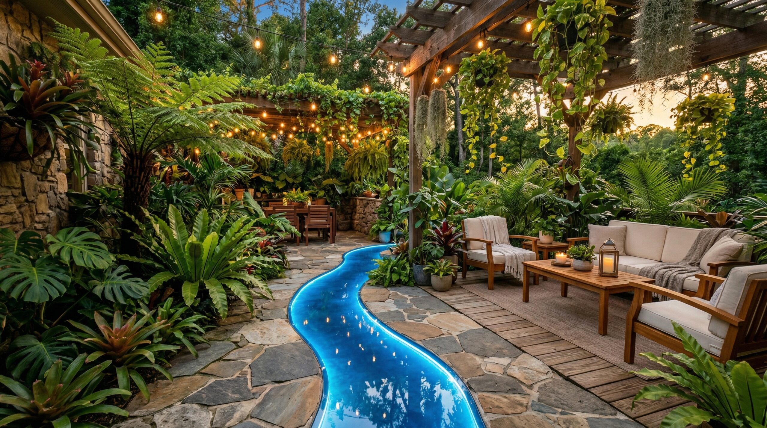 Biophilic patio design with glowing epoxy river path