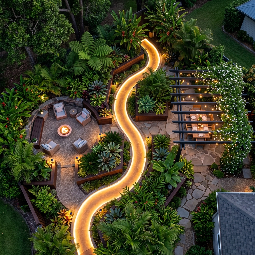 Overhead view of biophilic patio with epoxy river path