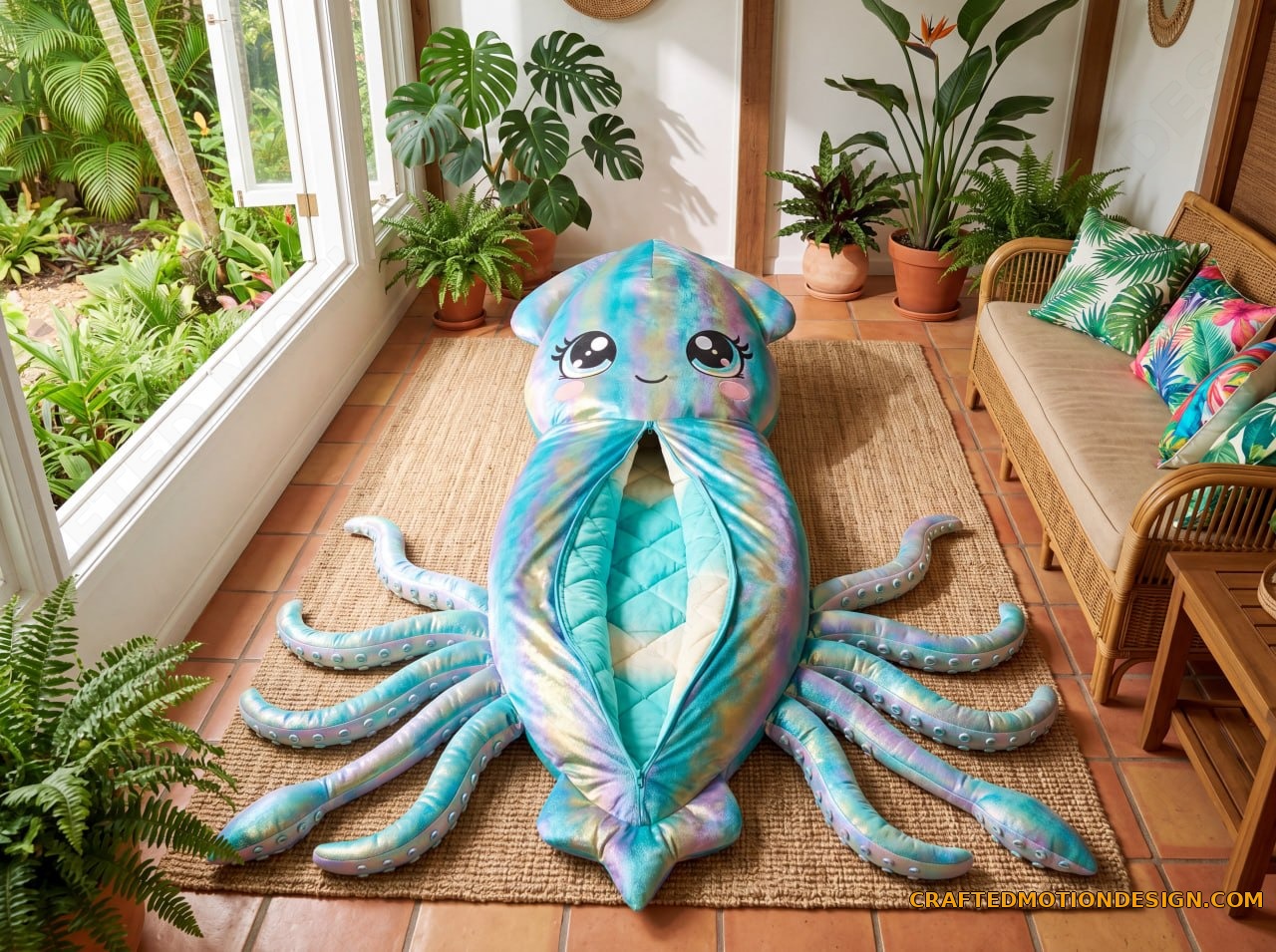 Blue Ringed Octopus sleeping bag in golden yellow with electric blue ring markings