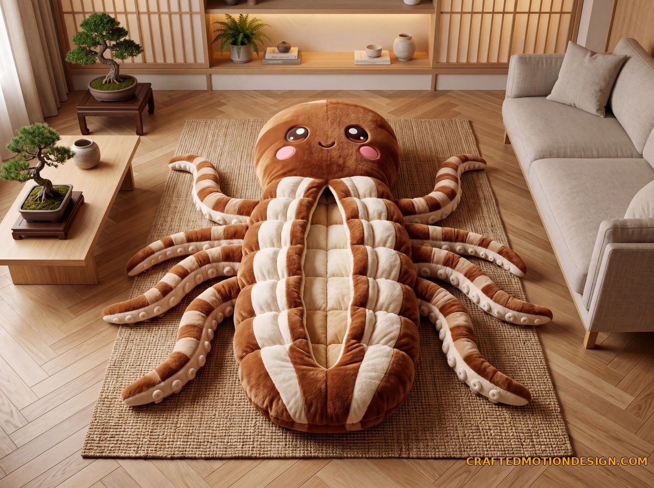 Bobtail Squid sleeping bag in soft sage green in a cozy reading nook with bookshelves