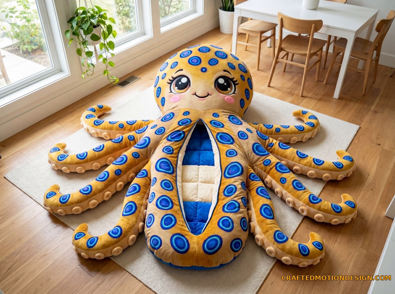 Caribbean Reef Squid sleeping bag in iridescent turquoise and teal in a bright tropical sunroom