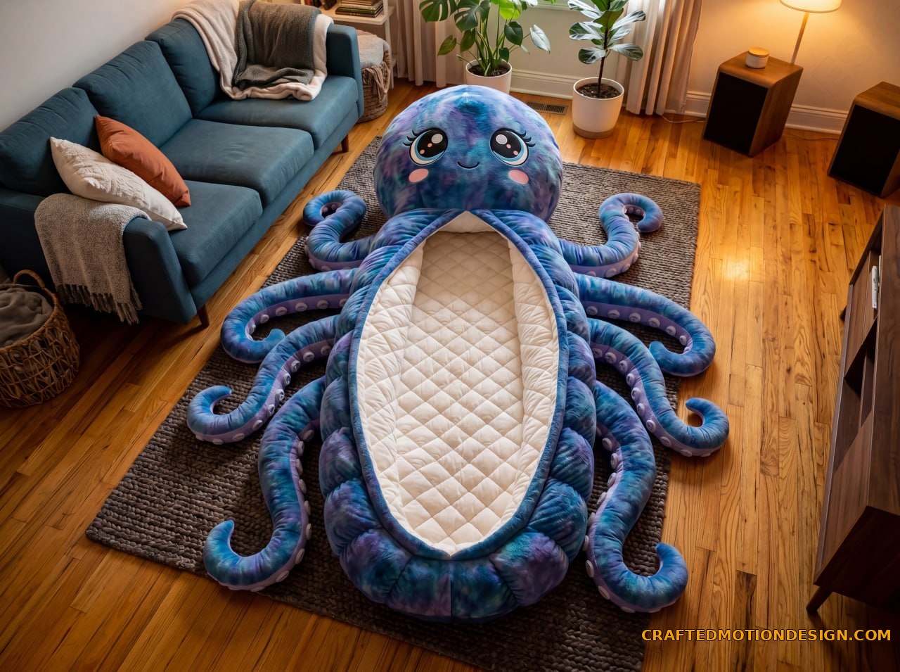 Dumbo Octopus sleeping bag in bubblegum pink and lavender in a dreamy pastel bedroom