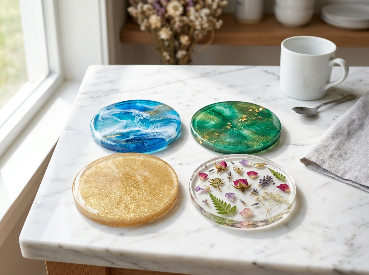 Best Epoxy Resin Kits for Beginners (6 Picks) Finished epoxy resin coasters with colorful pigments on marble countertop