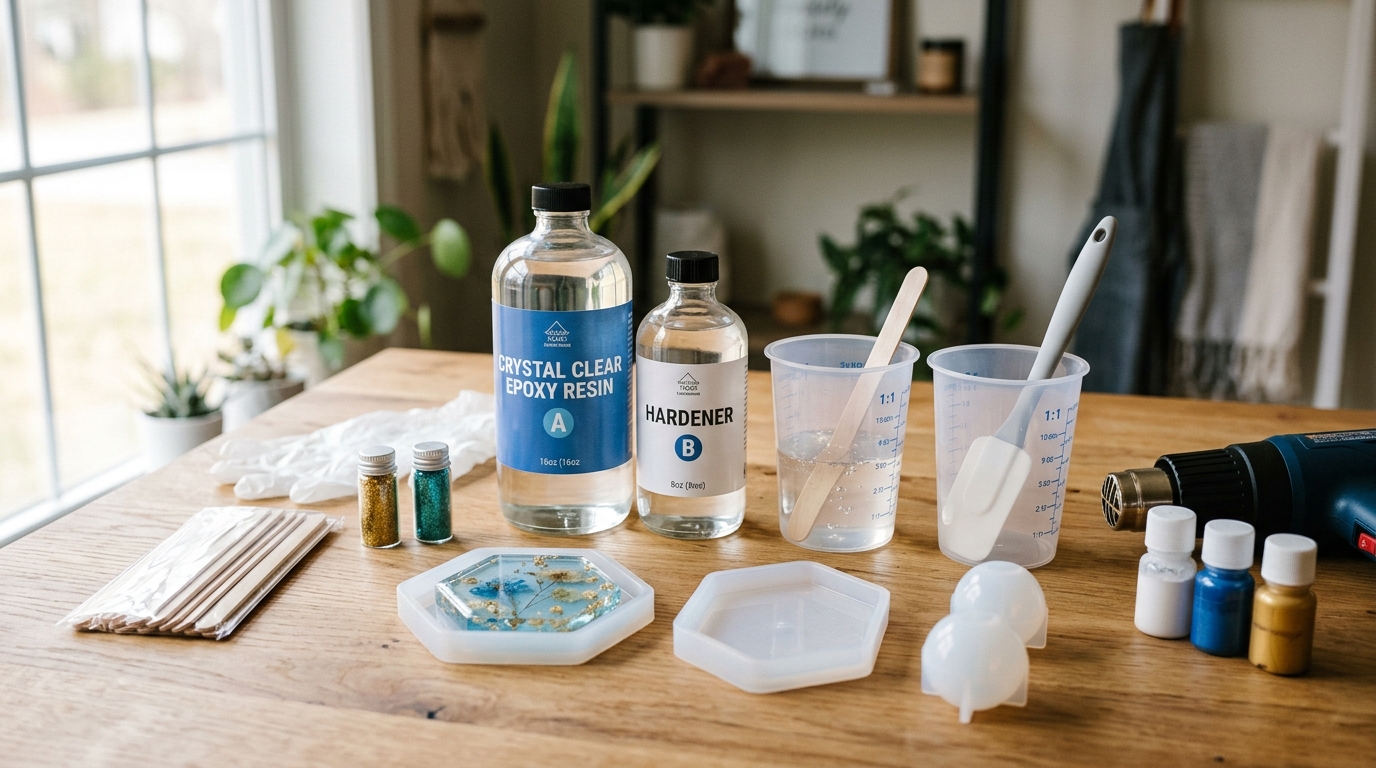 Epoxy resin kit laid out on wooden workbench with mixing cups stir sticks and molds