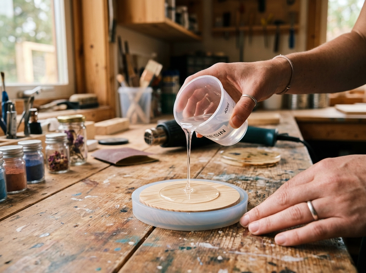 Best Epoxy Resin Kits for Beginners (6 Picks) Hands pouring crystal clear epoxy resin into a wooden coaster mold