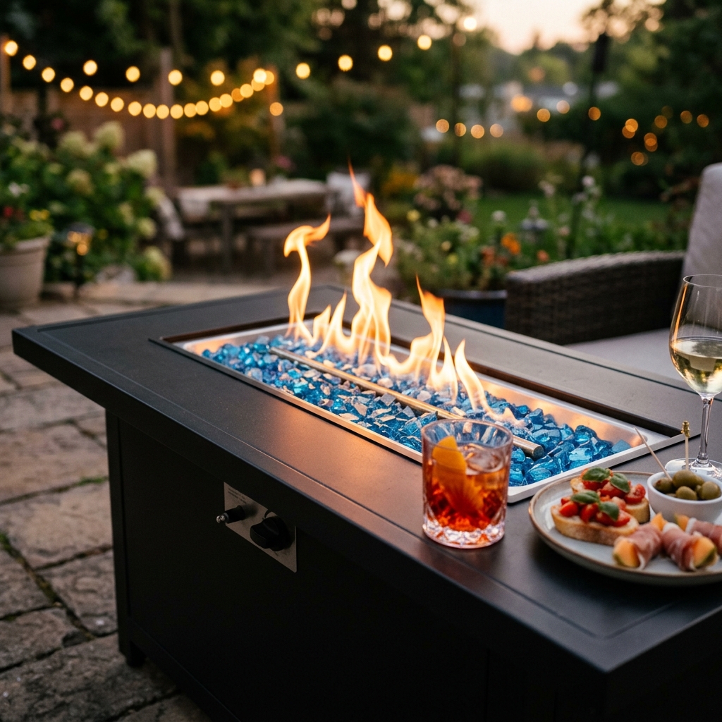 Best Fire Pit Tables That Make Any Patio Worth Sitting At Close up of propane fire pit table with blue fire glass