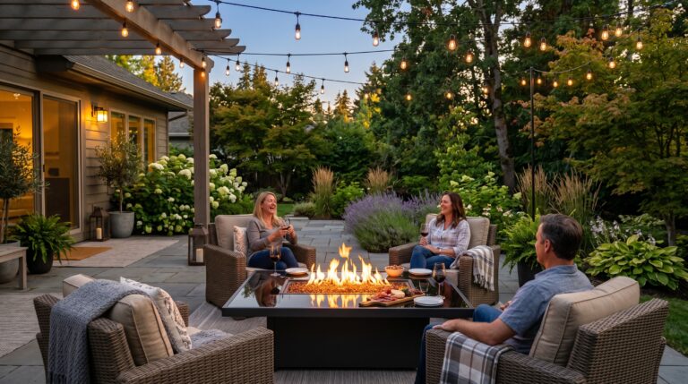 Modern propane fire pit table on a patio at dusk