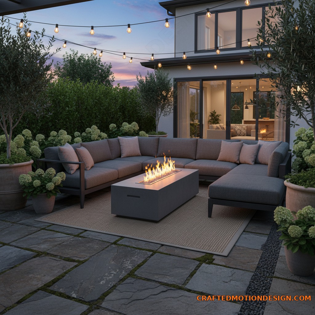 Modern rectangular fire pit table with sectional seating on stone patio