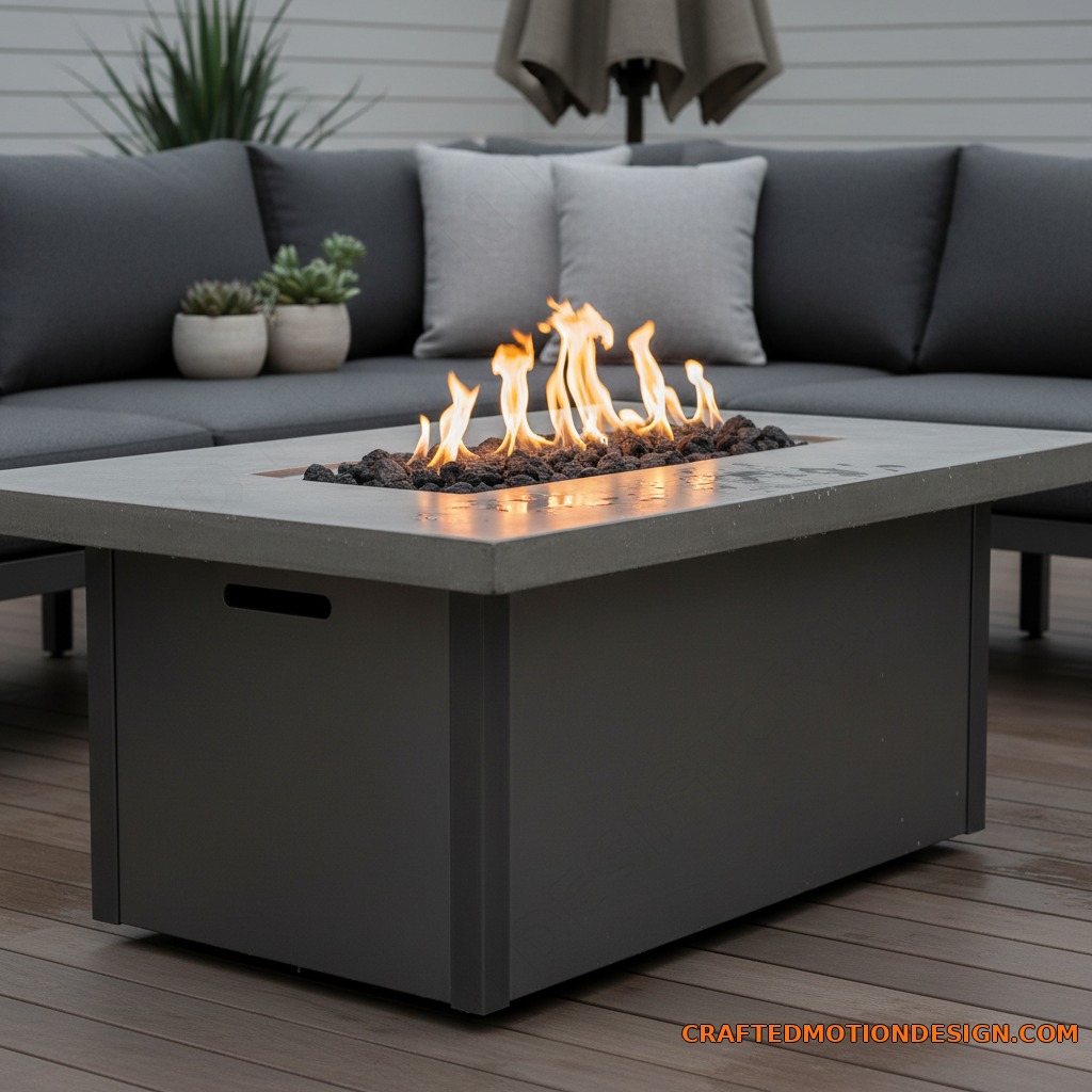 Close up of fire pit table flame with lava rocks and metal edge