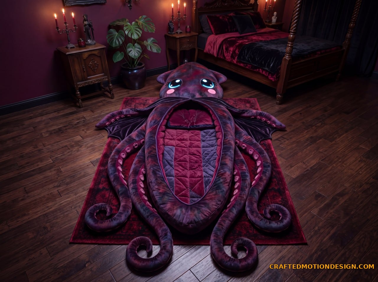 Firefly Squid sleeping bag in jet black with electric blue bioluminescent dots in a dark bedroom