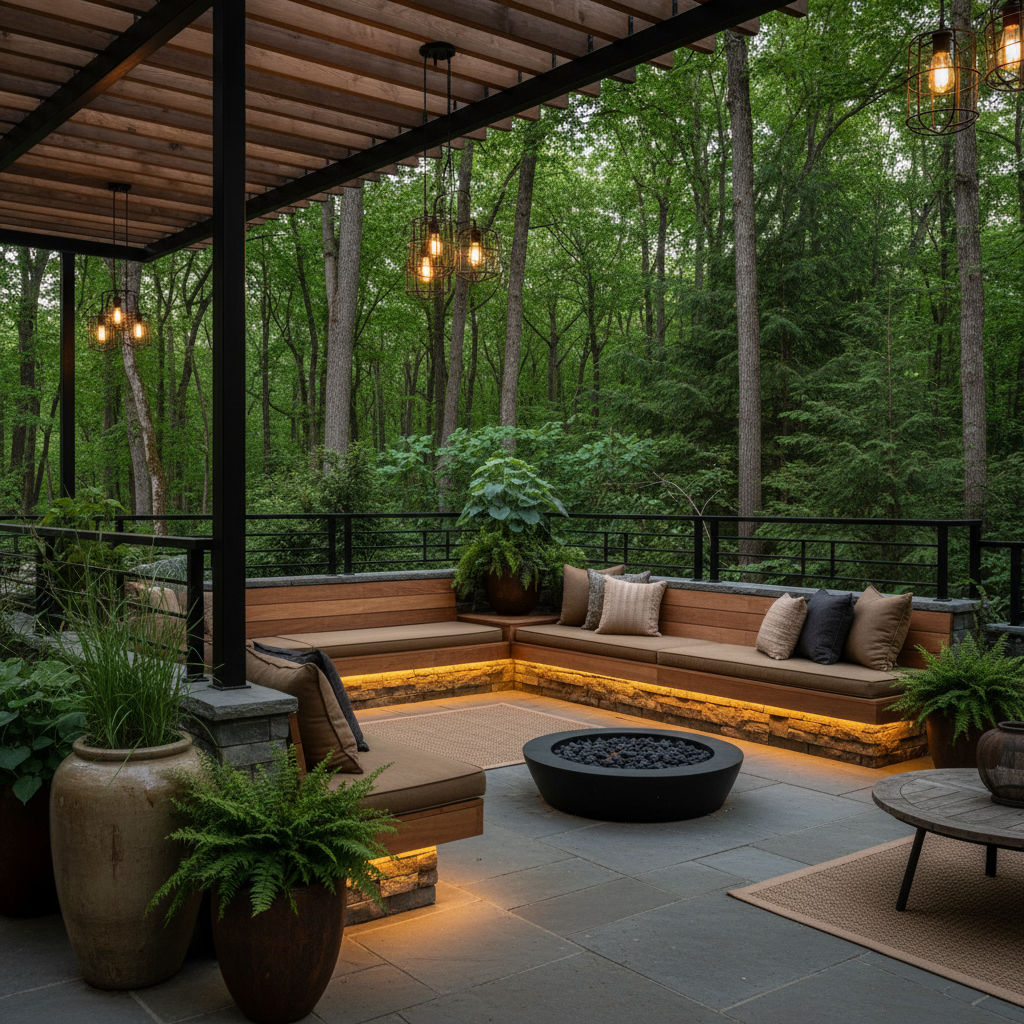 Forest patio lounge with built in seating and layered greenery