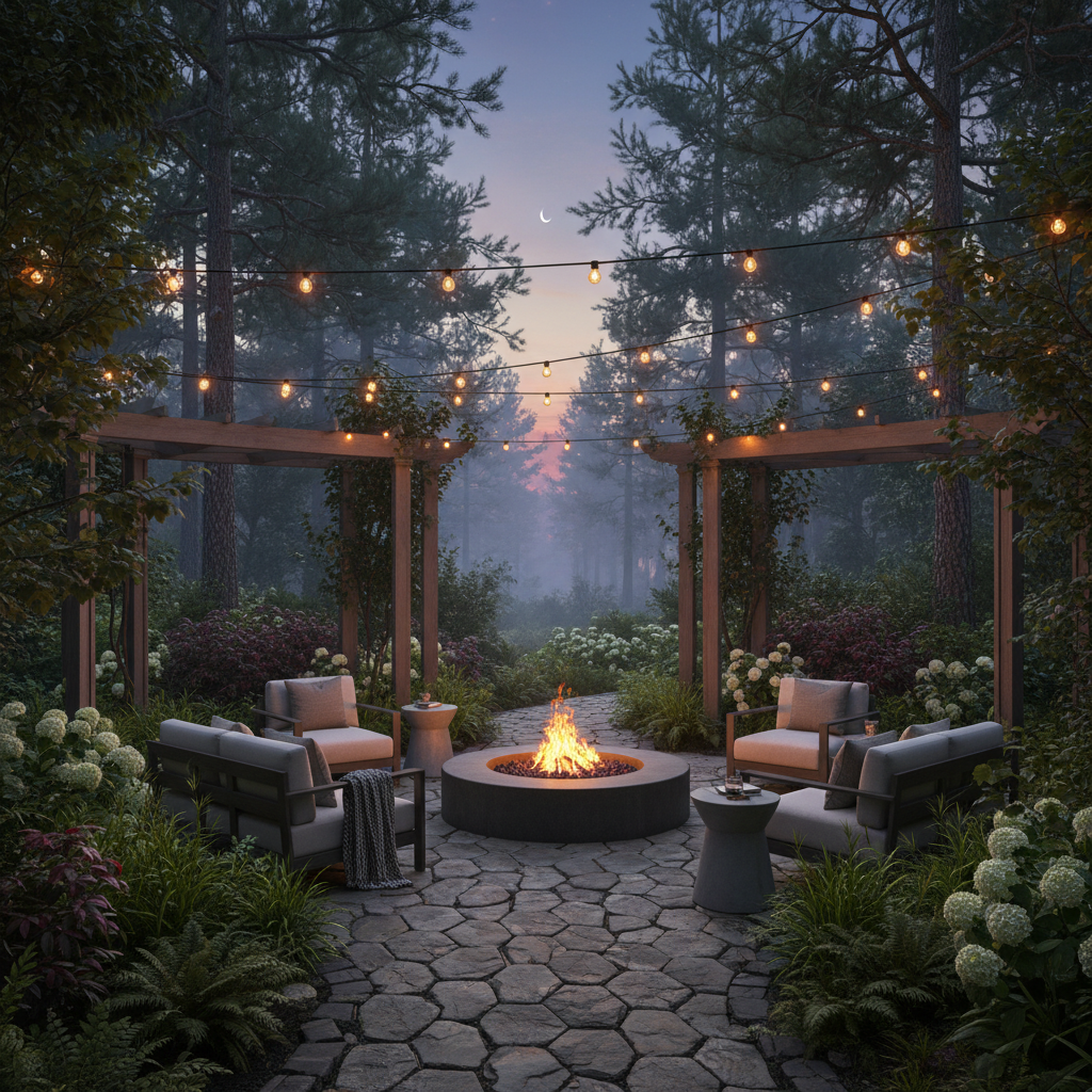 Evening forest patio retreat with fire pit and string lights