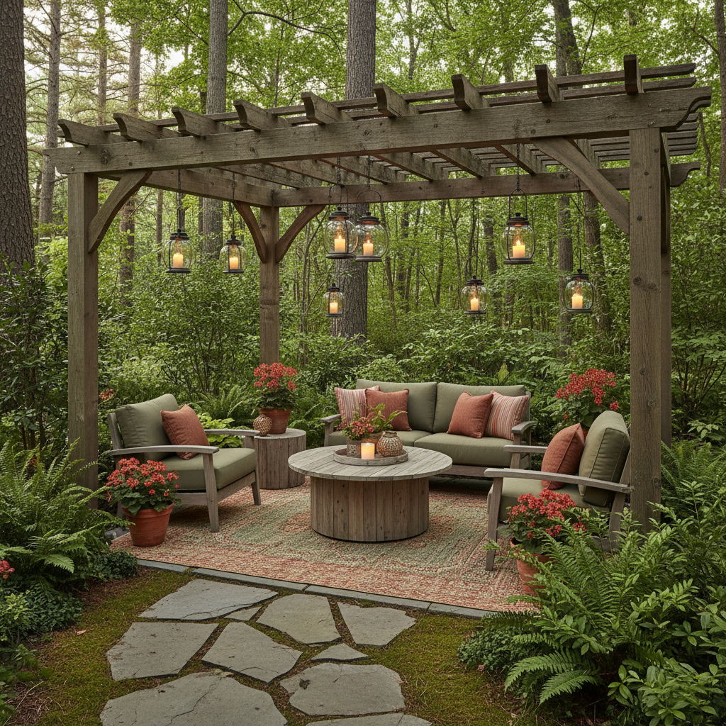Forest backyard patio corner with pergola lanterns and lounge seating