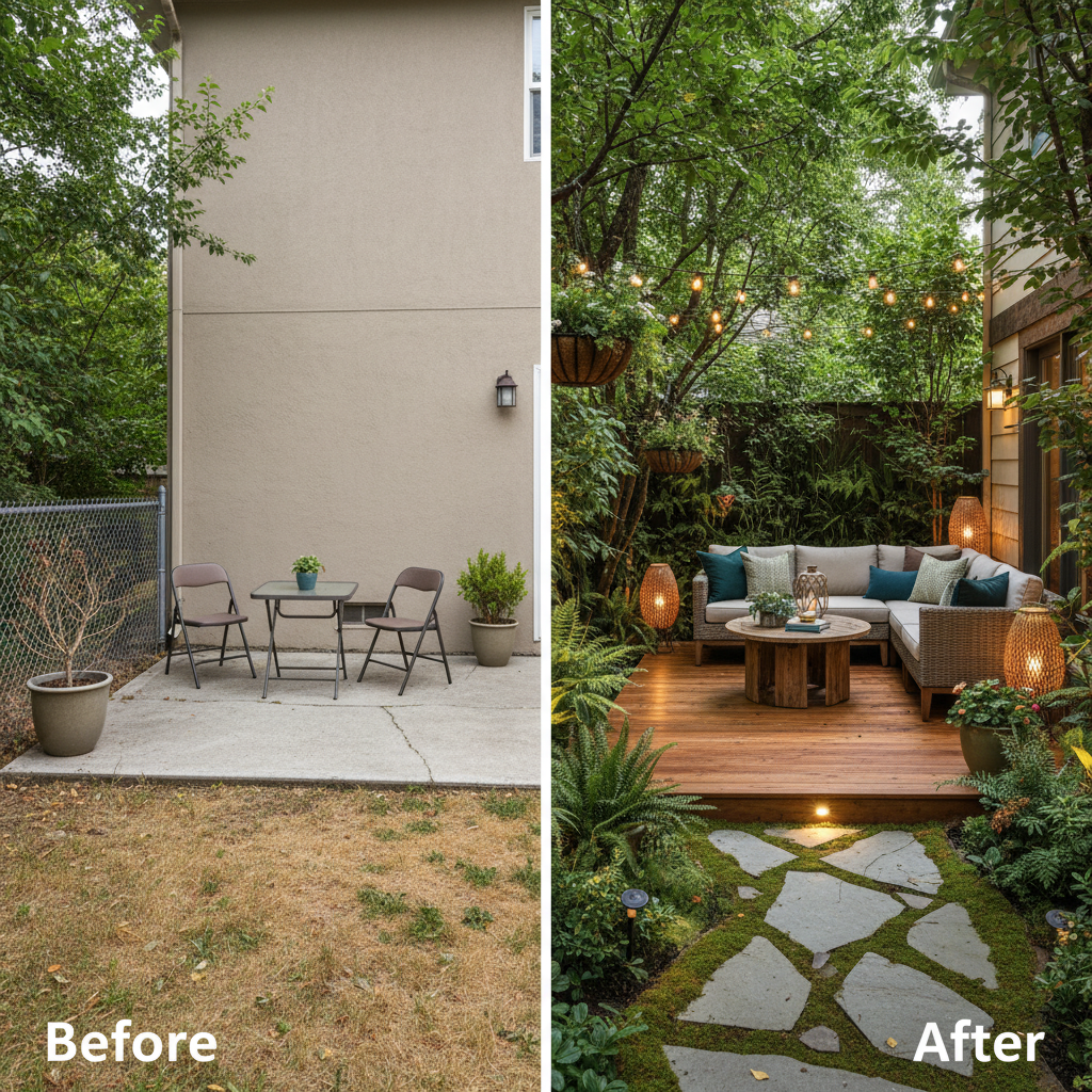 Forest patio lounge before and after transformation in a wooded backyard