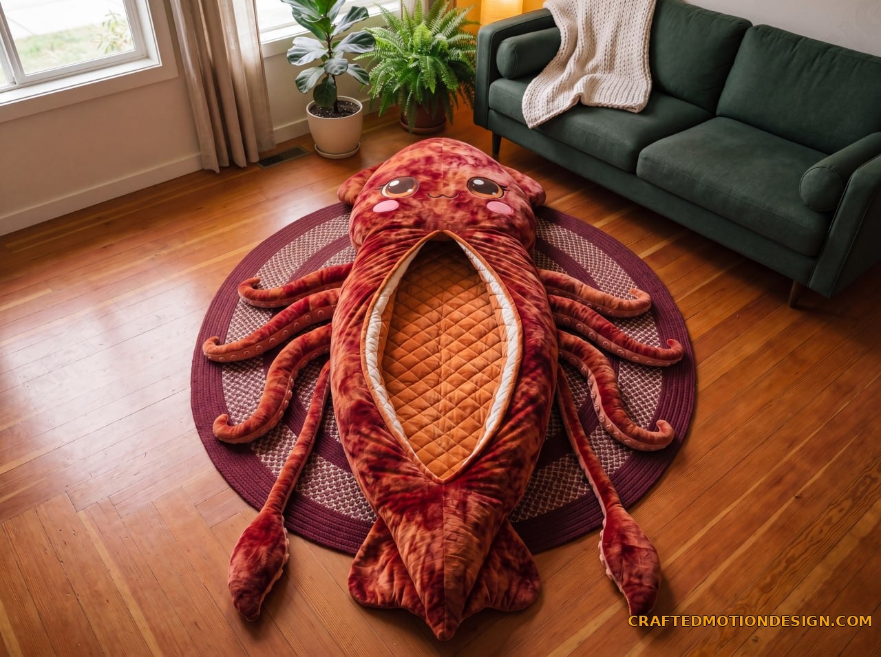 Giant Squid sleeping bag in midnight navy and dark teal in an ocean inspired bedroom