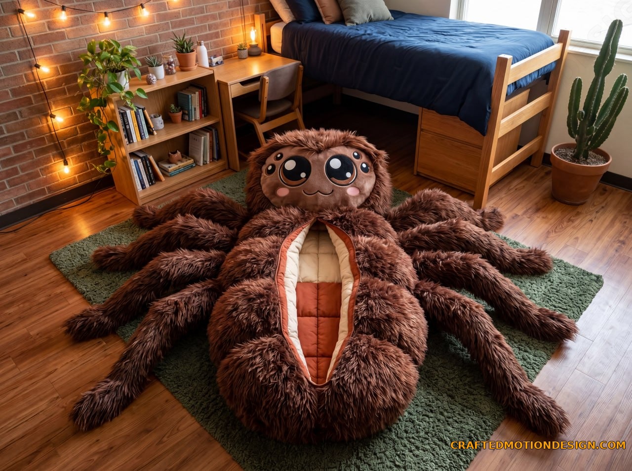 Brazilian wandering spider sleeping bag in dark brown plush in moody bedroom with Edison lamps