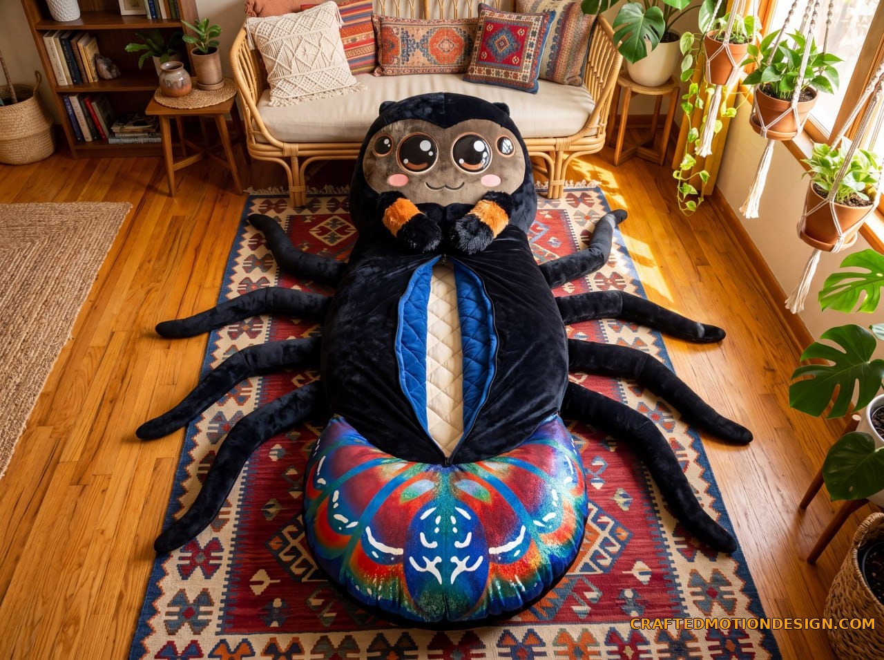 Garden orb weaver spider sleeping bag in yellow and black on green velvet sofa autumn room