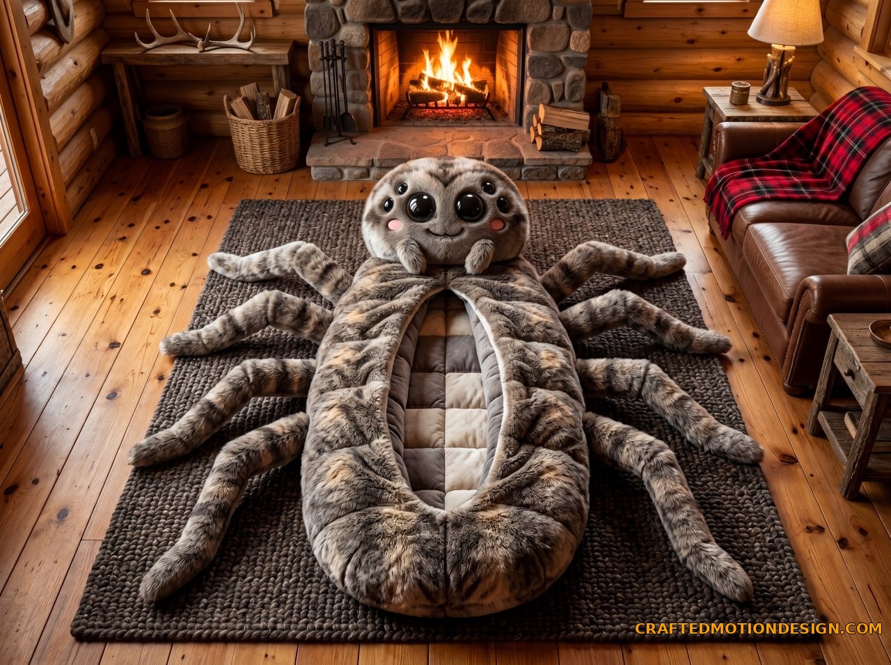 Tarantula spider sleeping bag in earthy brown plush on burgundy velvet sofa rustic living room