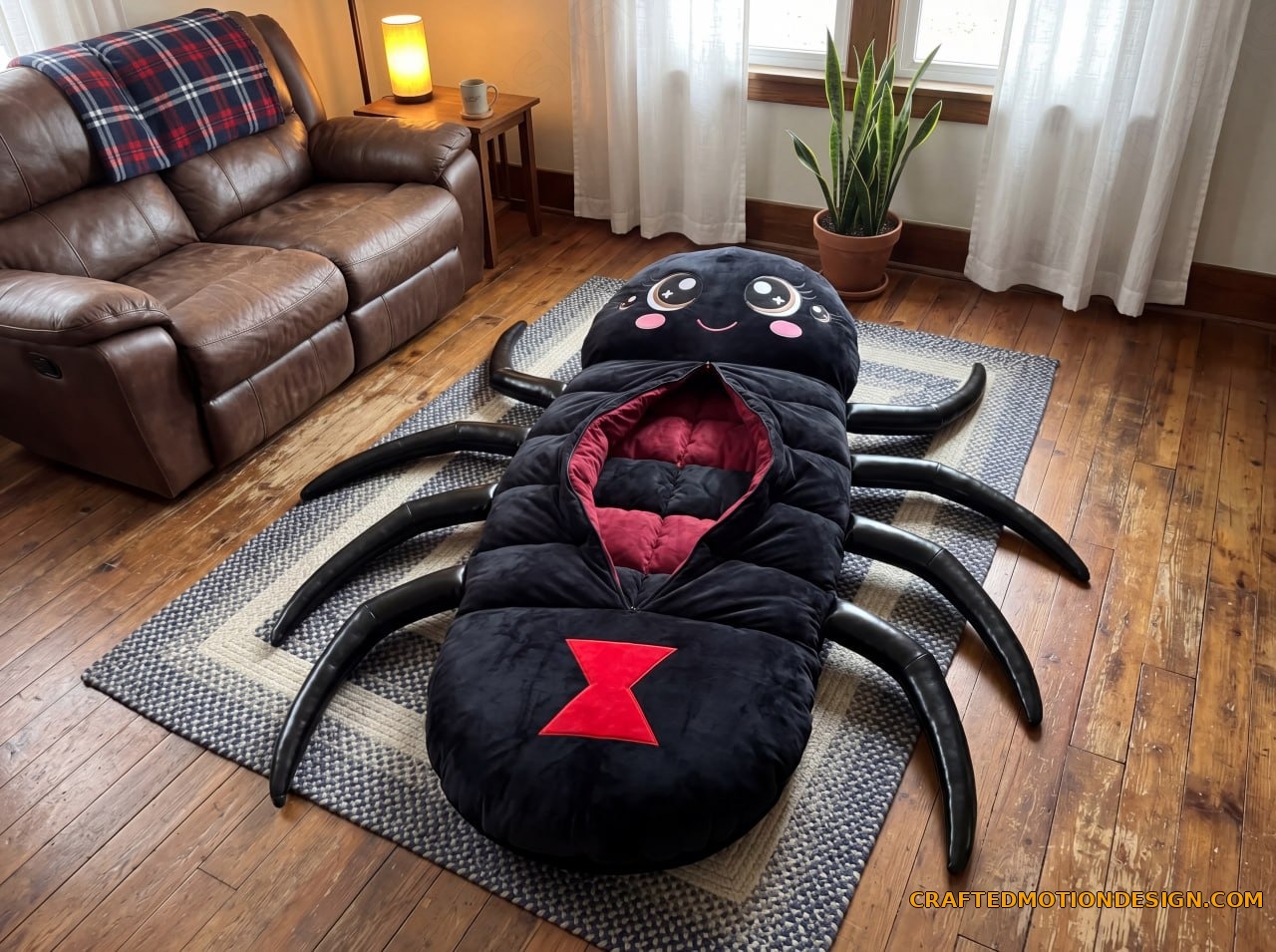 Huntsman spider sleeping bag with long spanning legs in dark industrial loft with exposed brick