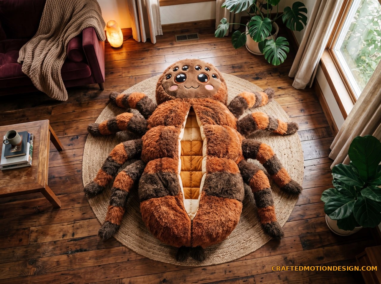 Wolf spider sleeping bag in grey and tan with chevron markings in cozy cabin by fireplace