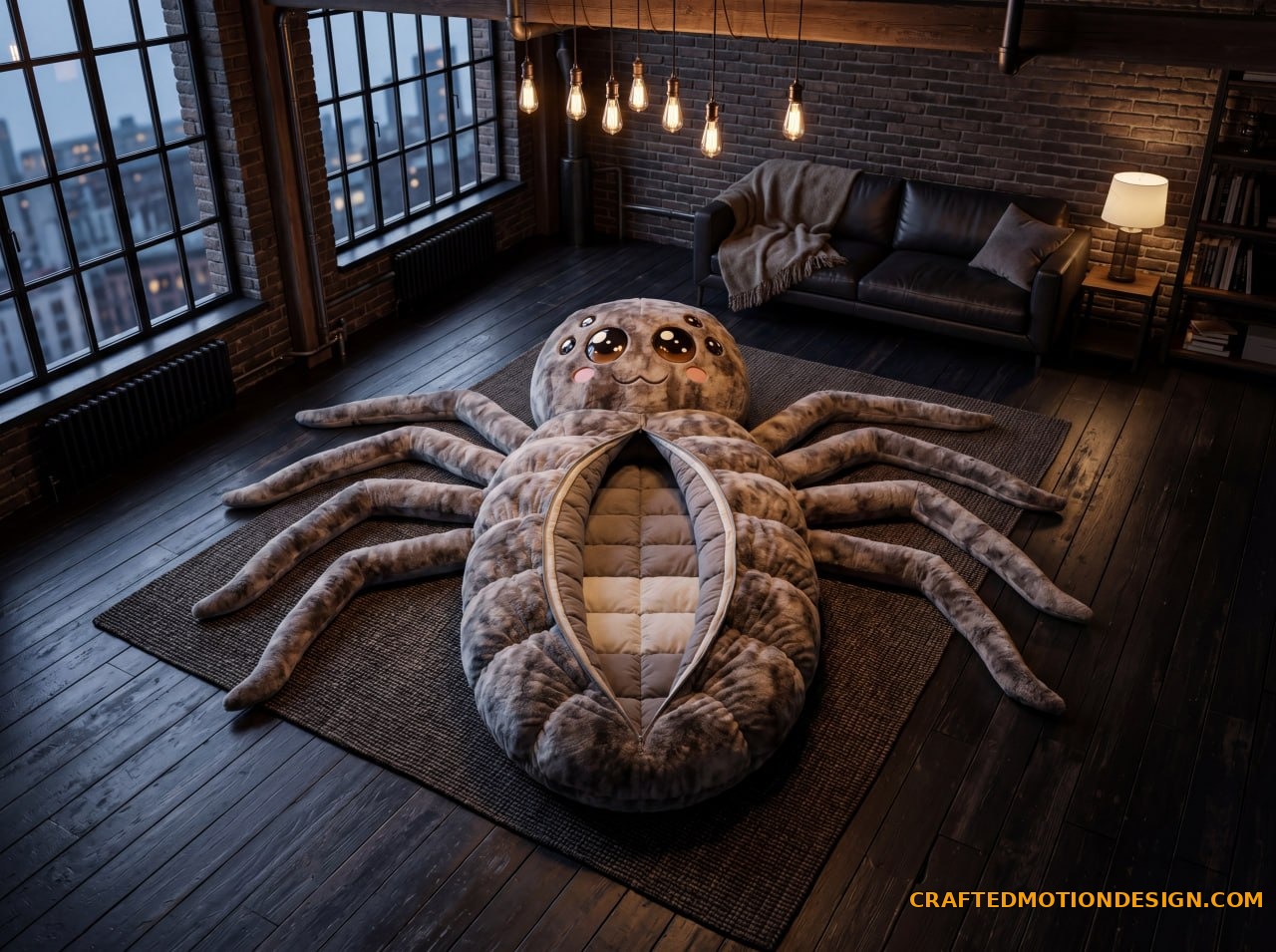 Jumping spider sleeping bag with large glossy eyes in bright Scandinavian apartment