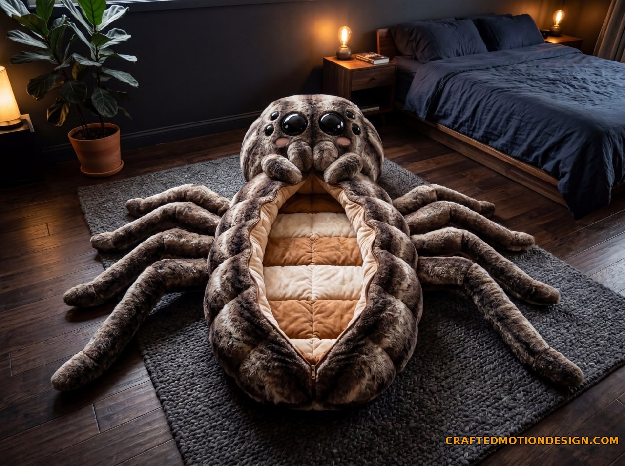 Crab spider sleeping bag in white and yellow velvety plush in bright sunlit kids room