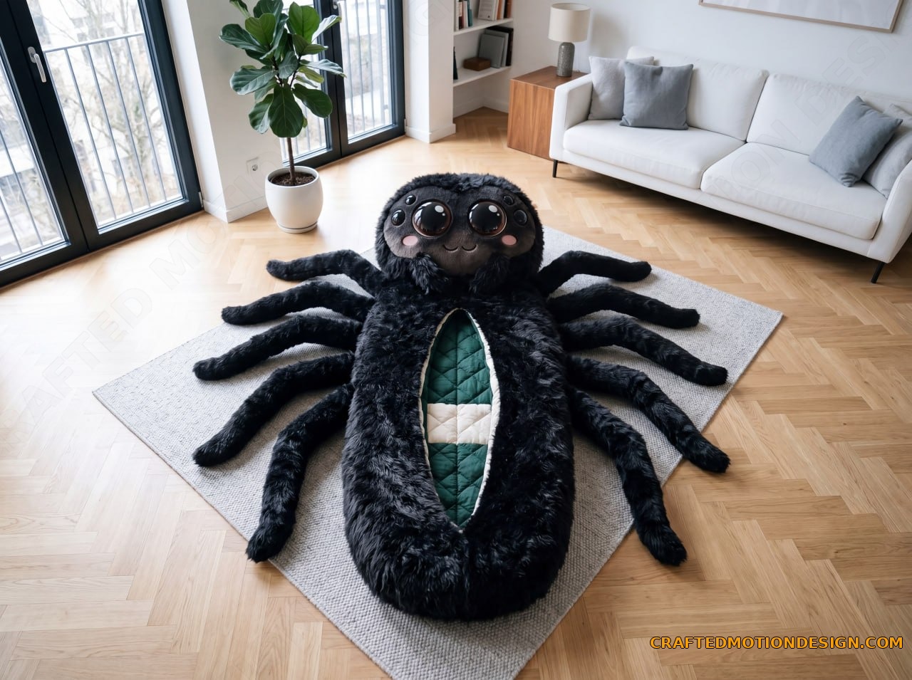 Peacock spider sleeping bag with vivid iridescent colors in bright boho room on kilim rug