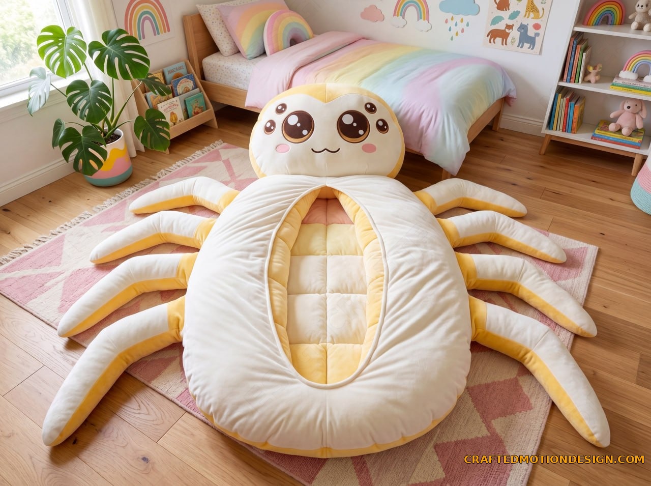 Black widow spider sleeping bag with red hourglass on hardwood floor in Midwestern living room