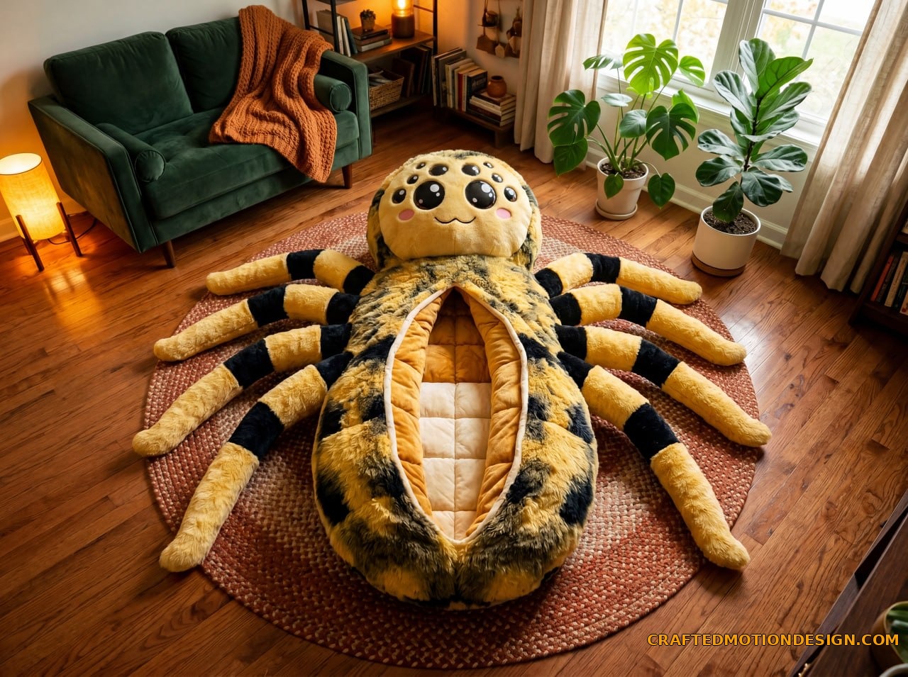 Goliath birdeater spider sleeping bag with shaggy reddish brown plush in college dorm room