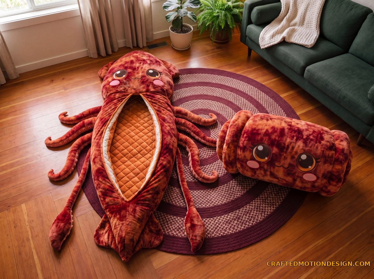 Humboldt Squid sleeping bag shown fully open and rolled up in compact storage form