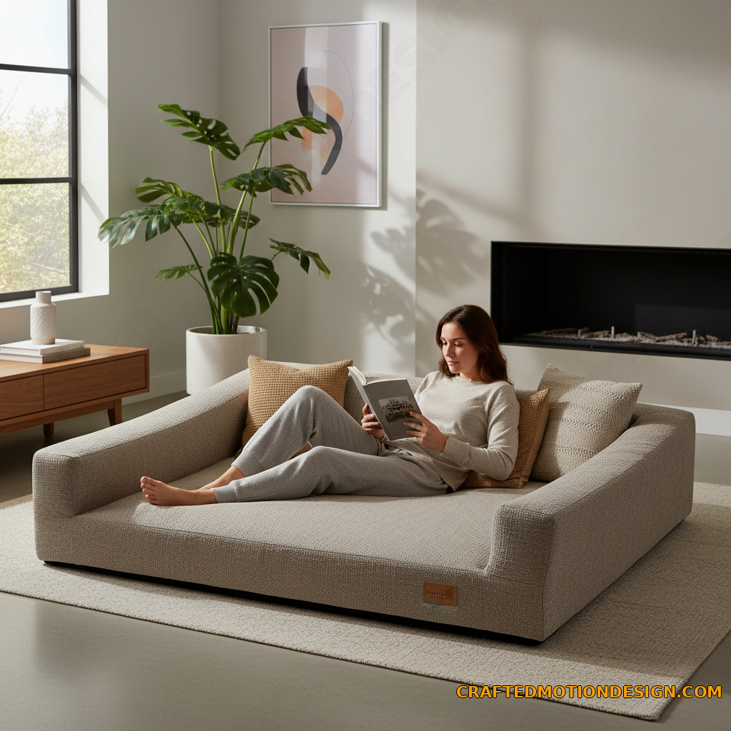 Human size dog bed style floor lounger in a cozy living room