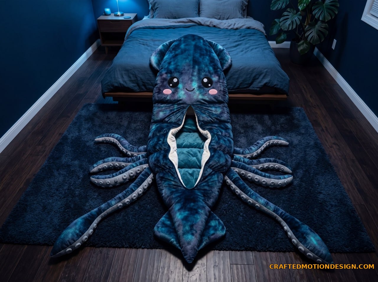 Humboldt Squid sleeping bag in a Pacific Northwest style living room with dark green sofa