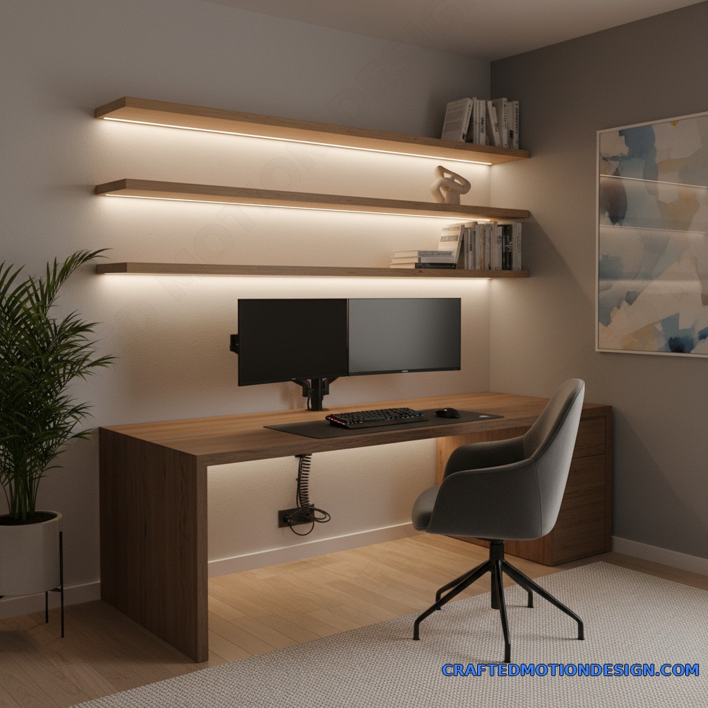 LED strip lights installed under shelves and behind a clean home office desk