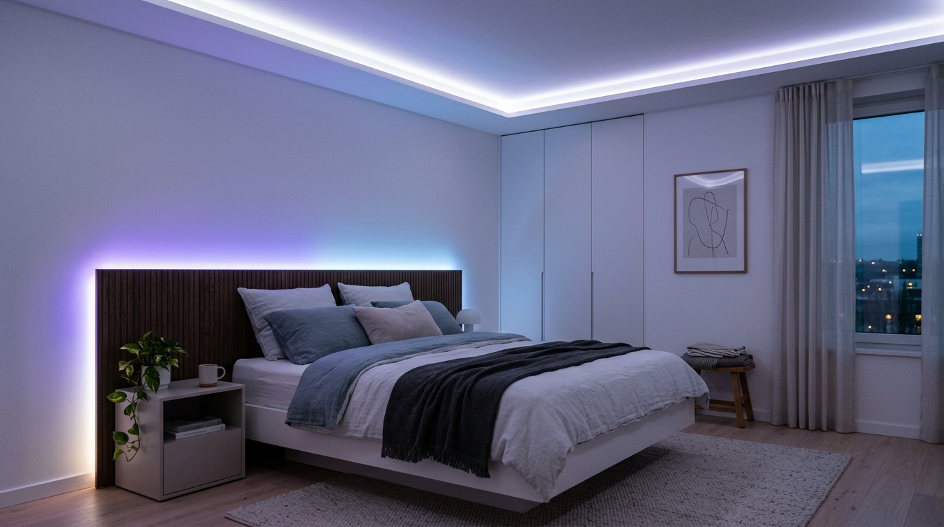 Modern bedroom with purple and blue LED strip lights along ceiling and headboard