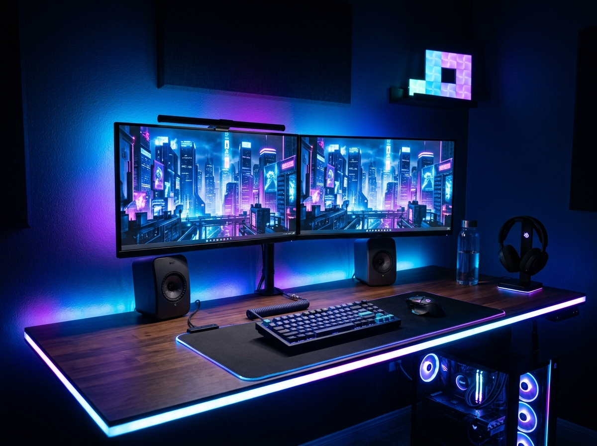 Gaming desk setup with RGB LED strip lights behind monitors
