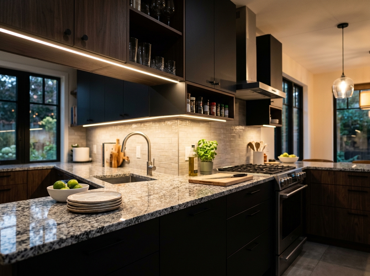 LED strip lights installed under kitchen cabinets casting warm white light
